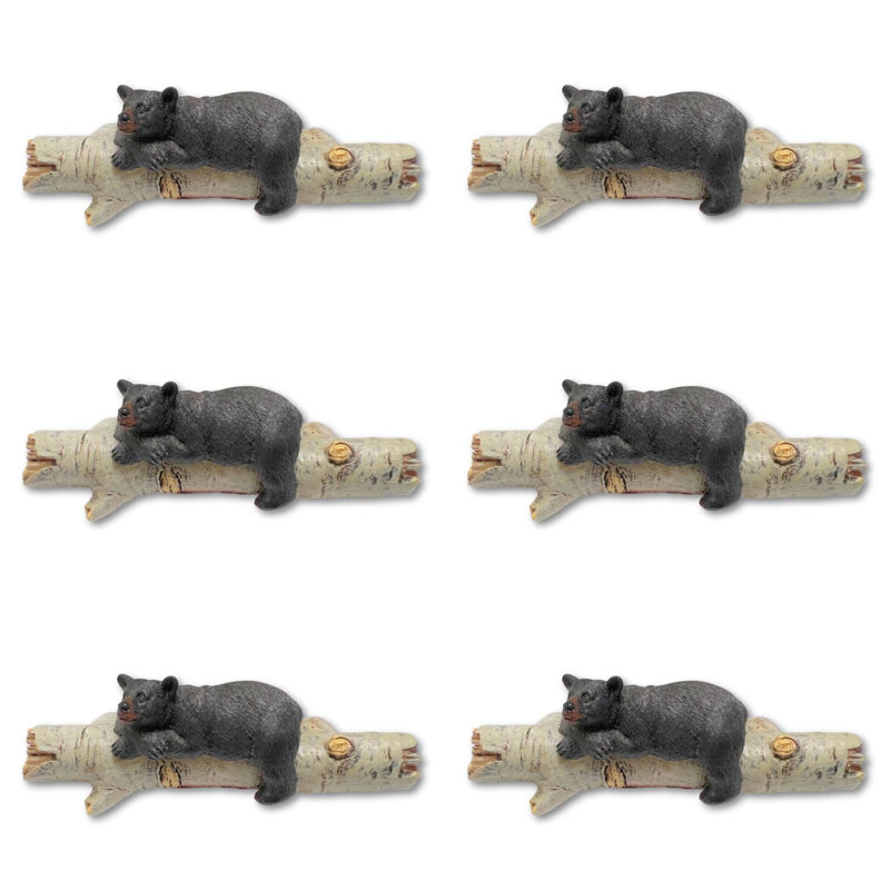 Resin Rustic Black Bear Drawer Pulls with Birch Wood Accents Set of 6 Cabin and Lodge Cabinet Hardware