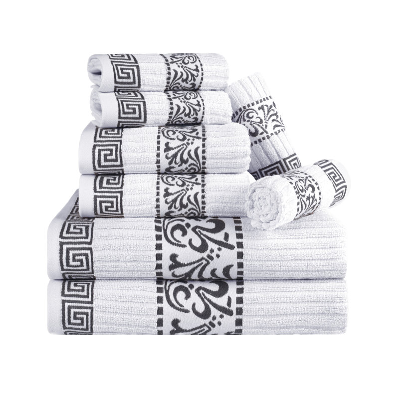 Athens 100% Cotton Medium Weight Floral Border 8-Piece Towel Set, White/Gray