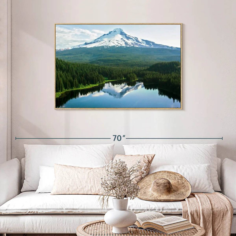 Réflexion du lac Mount Hood, Cadre flottant en bois naturel, 43 po x 29 po
