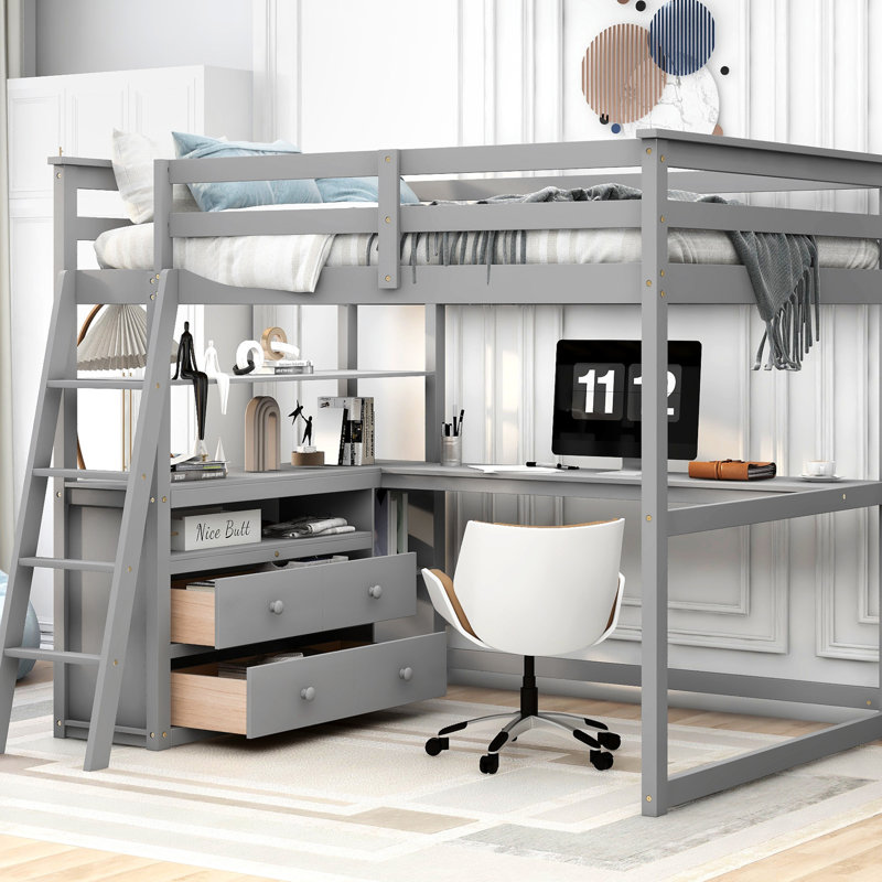 Lit mezzanine double avec bureau et tablettes, gris élégant - Bois de pin fabriqué pour une chambre à coucher sophistiquée