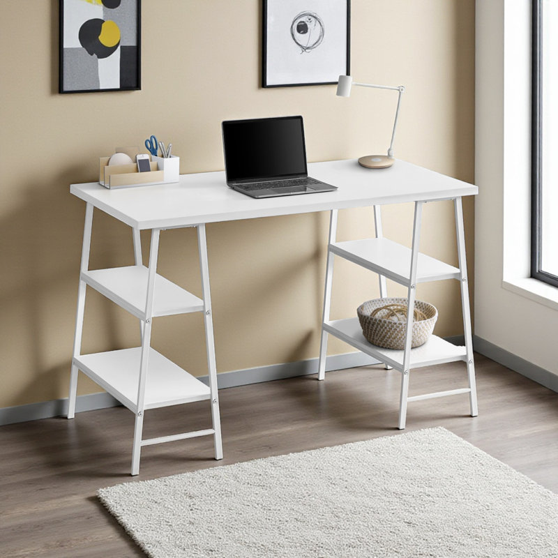 Adalwin 3-Tiered 4-Shelves White Computer Desk with White Metal Legs 29.8" H X 46.97" W X 23.54" D, White
