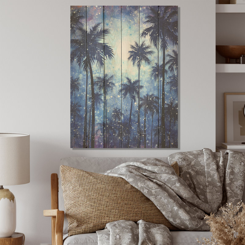 Indigo Mystical Plam Tree Magic Impressions - Palms & Palm Trees Wood Art On Natural Pine Wood, 40" H x 30" W