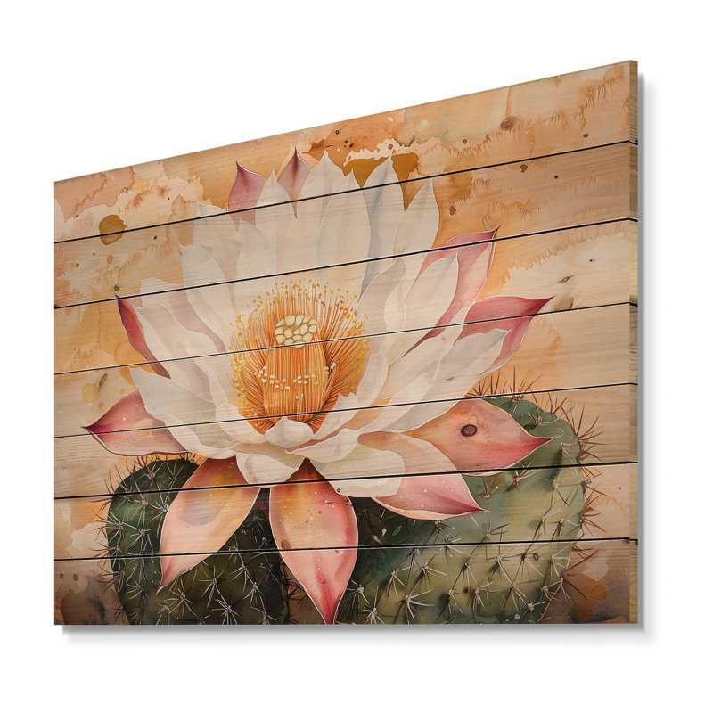 Fleur de cactus du désert du Nevada - Art mural traditionnel en bois sur bois de pin naturel, H 24 po x l 32 po
