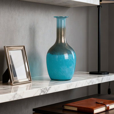Hand-Blown Blue Art Glass Table Vase with Bronze Accent