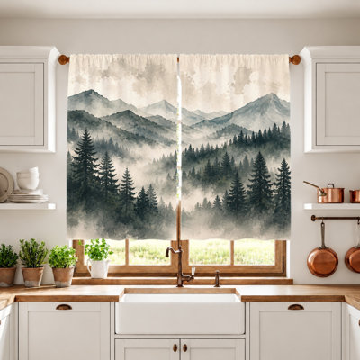 2Pcs Mountain Forest Curtains, watercolor misty landscape print, light filtering fabric, rod pocket design, vintage artistic window drapes for living room, bedroom, balcony, kitchen home decor