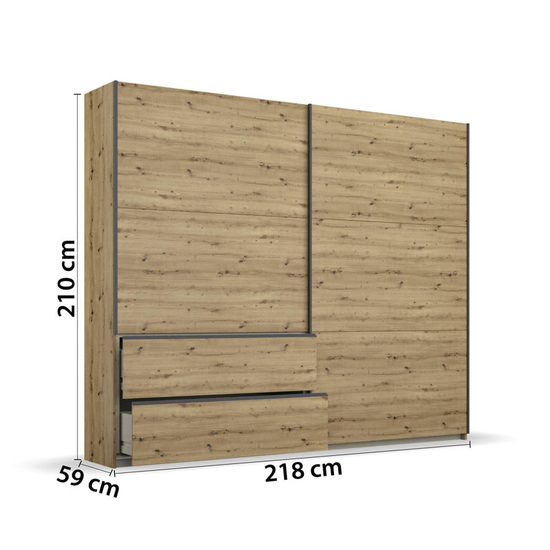 Sevilla Sliding Door Wardrobe, Oak Artisan/Black, 210cm H x 218cm W x 59cm D