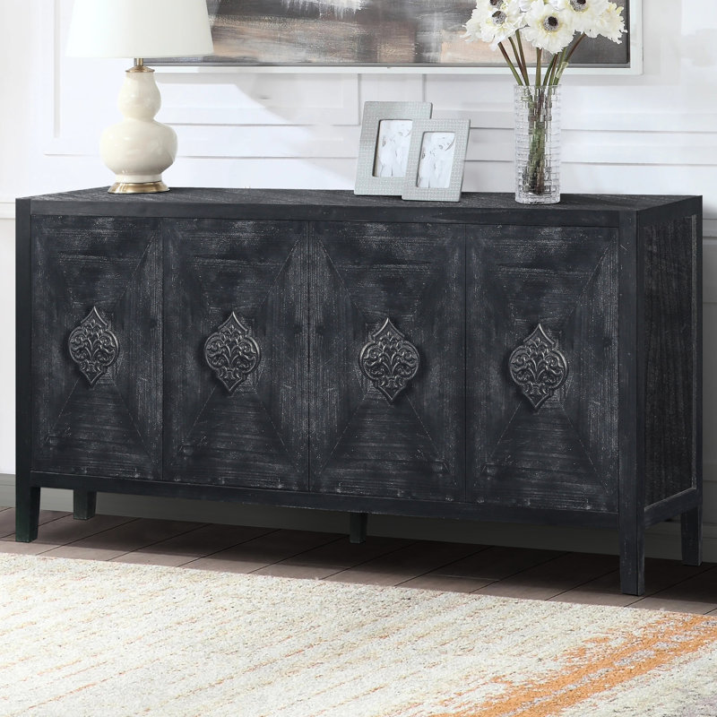 Console à quatre portes avec attrayantes fleurs élégantes pour le salon, H 60,71 po x l 15,97 po x P 31,98 po, Noir antique
