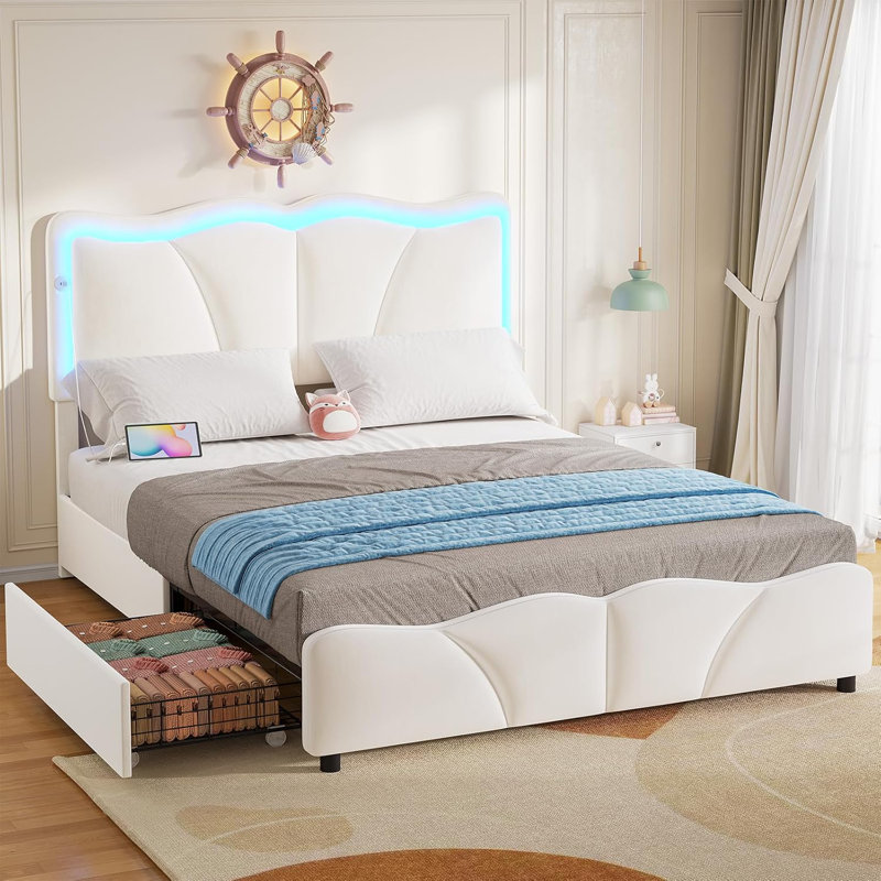 Velvet Upholstered Platform Bed Frame with Height Adjustable Headboard, Full/Double, White
