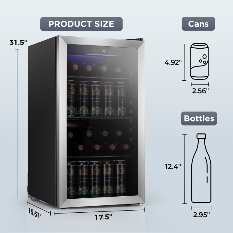 17.32'' W 3.2 Cu.ft Beverage Refrigerator, Drink Fridge with 26 Bottle, Touch Button, 32°F-61°F, Quiet <38dB, LED, Removable Shelves