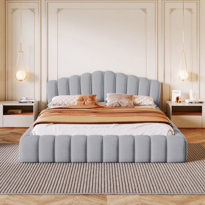 Velvet Upholstered Queen Bed Frame Floor Bed Shell-Shaped Headboard For Bedroom,No Box Spring Needed, Bed Frame by Mercer41