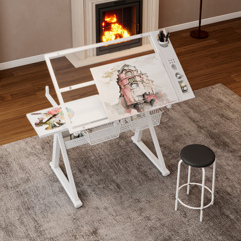 Table à dessin à manivelle réglable en verre trempé avec chaise et rangement, Blanc