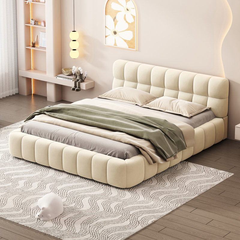 Lit plateforme tapissier avec tissu épais, Beige