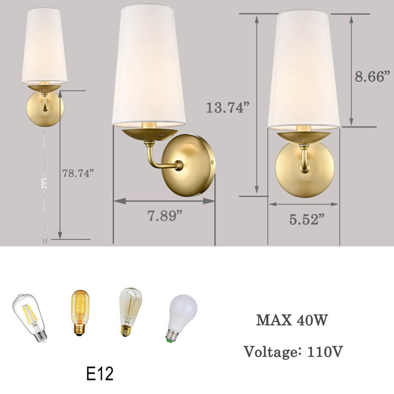 Portofino Brass Hard-Wired & Plug In Wall Sconce Fabric Shade Set Of  2, Antique Brass