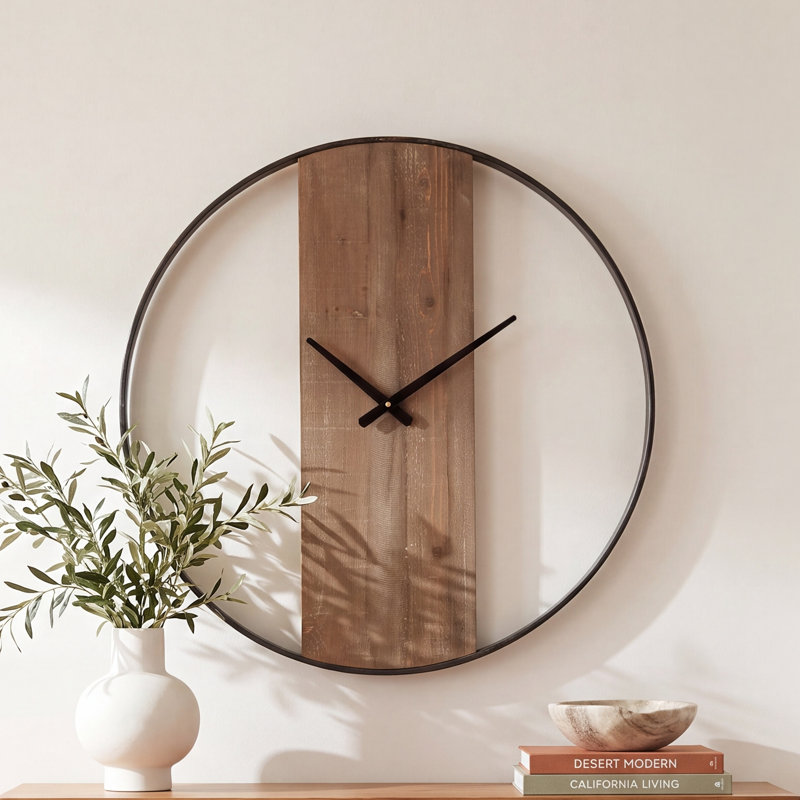 Gwennie 32" Metal Wall Clock, Natural/Black, 24" Diameter