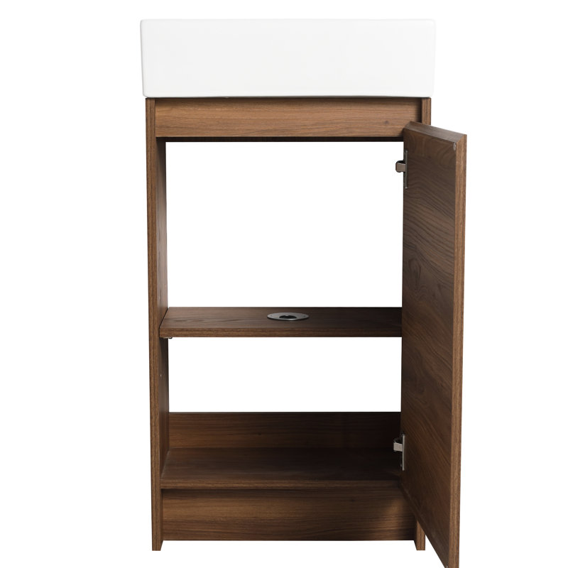 Meuble-lavabo autoportant de 18 po avec lavabo simple. Composition de précision de l'armoire en contreplaqué. Bassin en céramique. Ébène brun pour les petites salles de bain Portes gracieuses à fermeture douce.