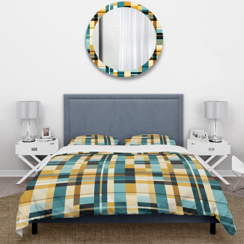 Yellow Chic Gingham Striped Pattern Plaid Duvet Cover, King Duvet Cover + 2 King Shams