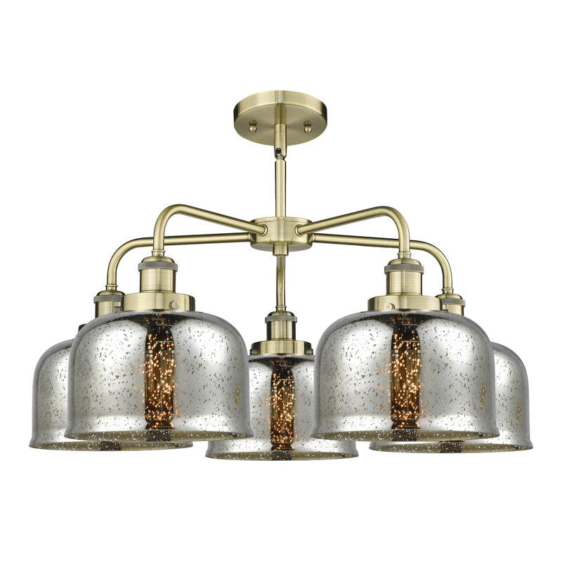 Lustre en verre à 5 lumières Bell, Laiton antique, Argent mercuré plaqué