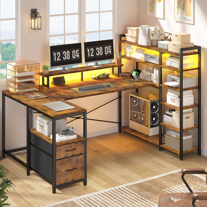 63" Reversible U-Shaped Computer Gaming Desk With Power Outlet & LED Lights, 6-Tier Storage Shelves & 2 Fabric Drawers