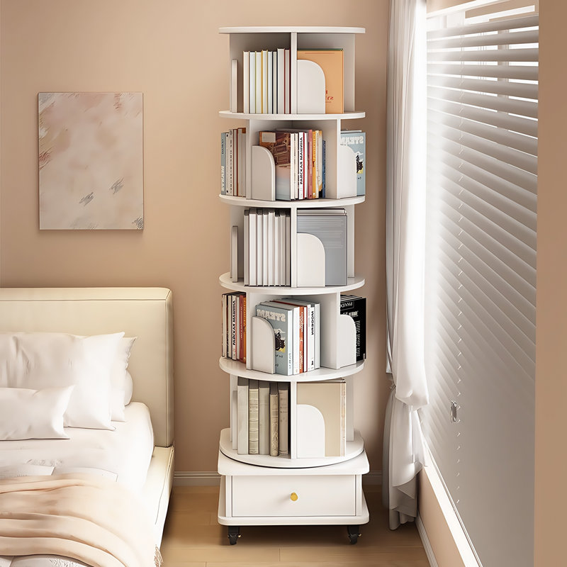 Bibliothèque pivotante blanche avec roulettes et tiroir