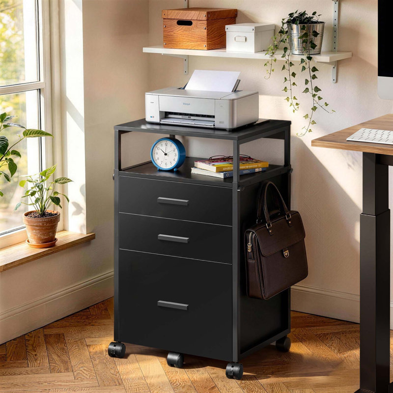 Classeur avec tiroirs de rangement, support pour imprimante à roulettes avec tablettes réglables, classeur en bois pour le bureau personnel