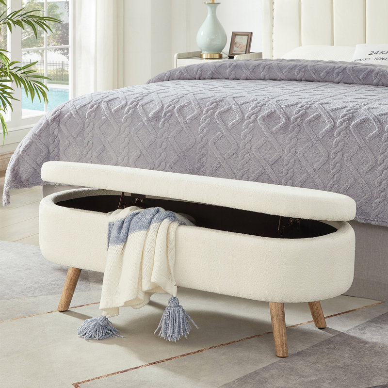 Oval Boucle Storage Ottoman Bench with Wood Legs, Ivory