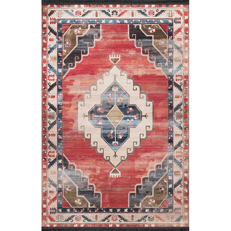 Tapis décoratif traditionnel rouge à motif rétro rouge, Sous-tapis rectangulaire de 3 pi 3 po x 4 pi 11 po
