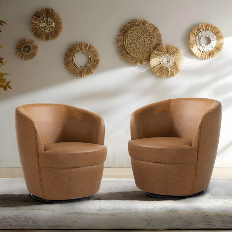 Ensemble de 2 chaises d'appoint en polyuréthane et coussins souples Aunna, Similicuir brun clair
