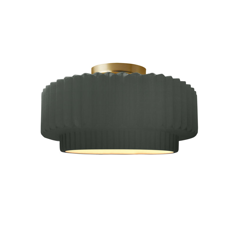 Radiance Ceramic Pleated Semi-Flush Mount, Pewter Green, Brushed Brass, 7" H x 12" W x 12" D