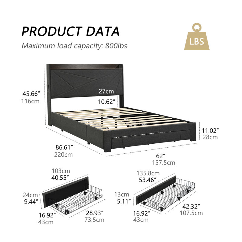 Grand lit ， Lit plateforme confortable avec tiroirs de rangement - Un mélange de confort, de commodité et de design chic, aucun sommier nécessaire, assemblage facile （Gris）