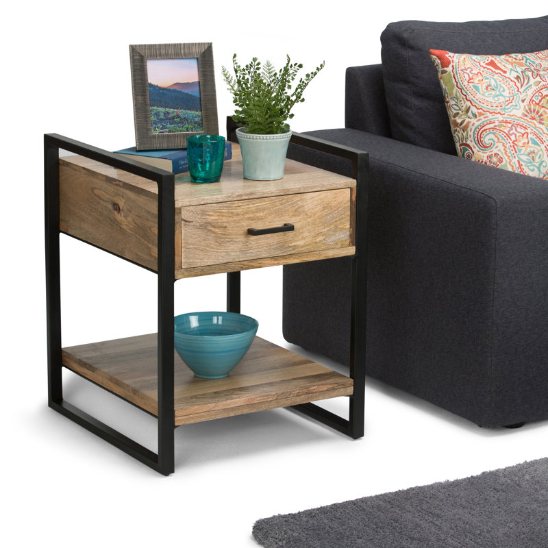 Riverside Black Metal and Natural Wood 20" Industrial Side Table with Storage