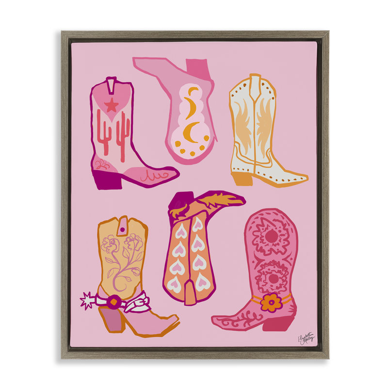 «Cowgirl Boot Designs», art mural encadré par Elizabeth Medley, Cadre flottant orme Montalcino, H 31 po x l 25 po