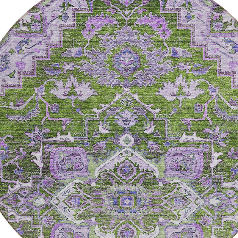 Tapis rond lavable oriental vert olive et mauve 8 pi