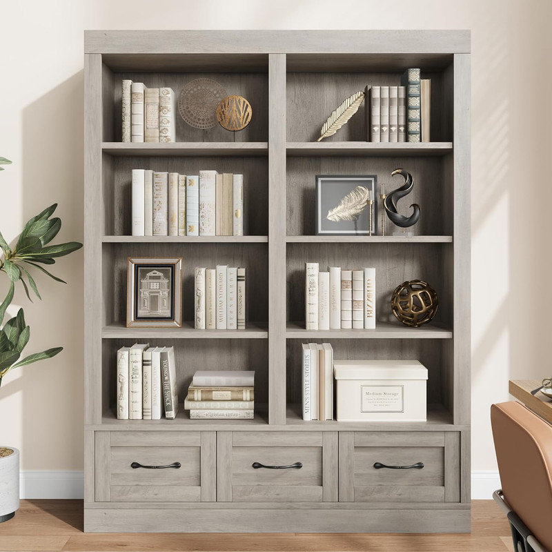 Wooden Farmhouse Bookcase with Drawers – Wide Deep Bookshelf for Living Room, Study, Kitchen, Home Office Storage Organizer
