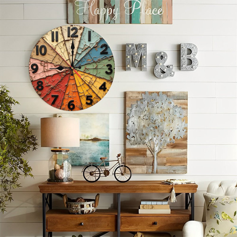Horloge murale 10 po en MDF rond avec mouvement à quartz silencieux et crochet sans perceuse (piles AA non incluses)