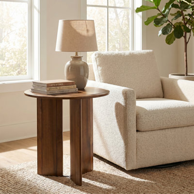 Kenneth 22" Round Mango Wood End Table with Slatted Panel Base