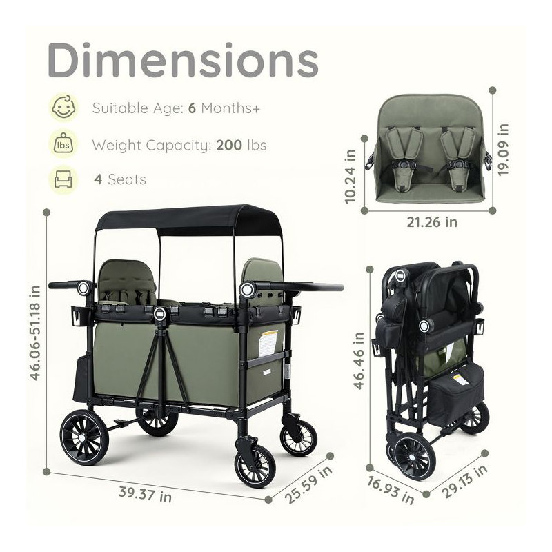 4-Seater Foldable Wagon Stroller with Canopy and Adjustable Handle for Kids, Green, Black-Green