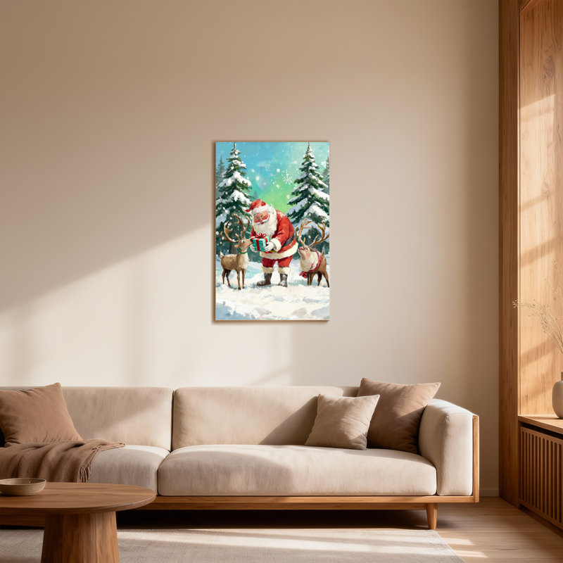 Noël père Noël avec renne dans la forêt enneigée, H 40 po x l 28 po