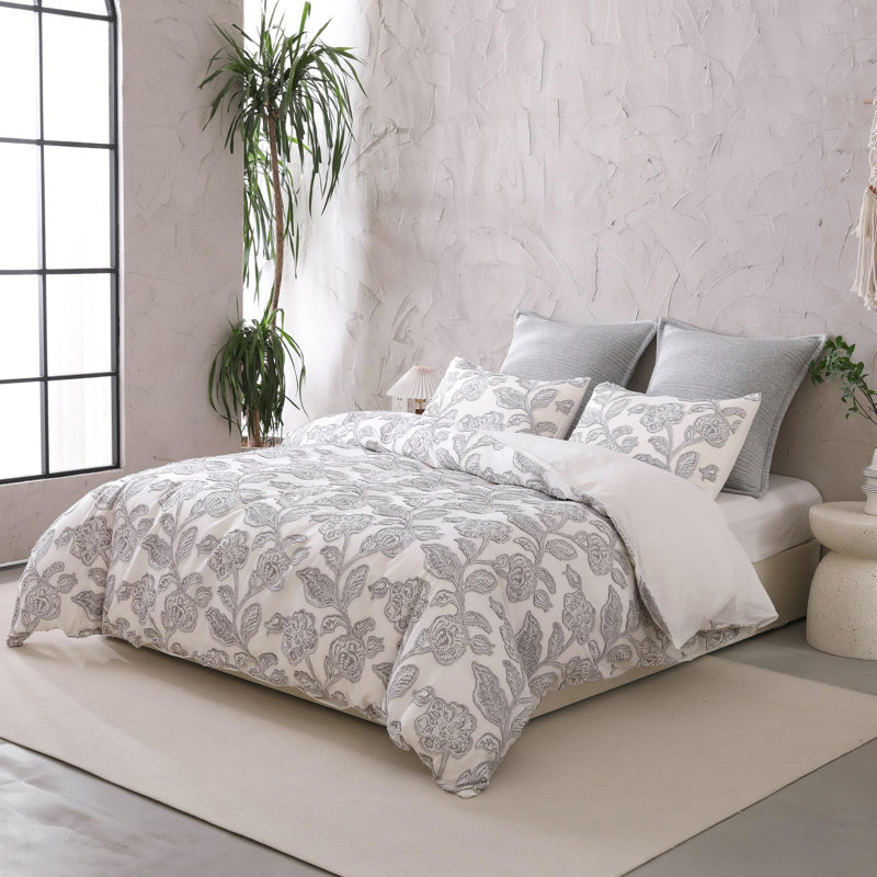 Cotton Clipped Jacquard Jacobean Floral Duvet Cover Set, Twin Duvet Cover + 1 Standard Sham, Gray