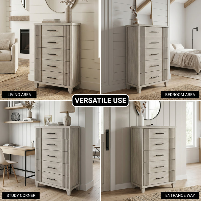 Shalyce 45.7" H Solid Wood 5-Drawer Chest Mid-Century Modern Fluted, Antique White