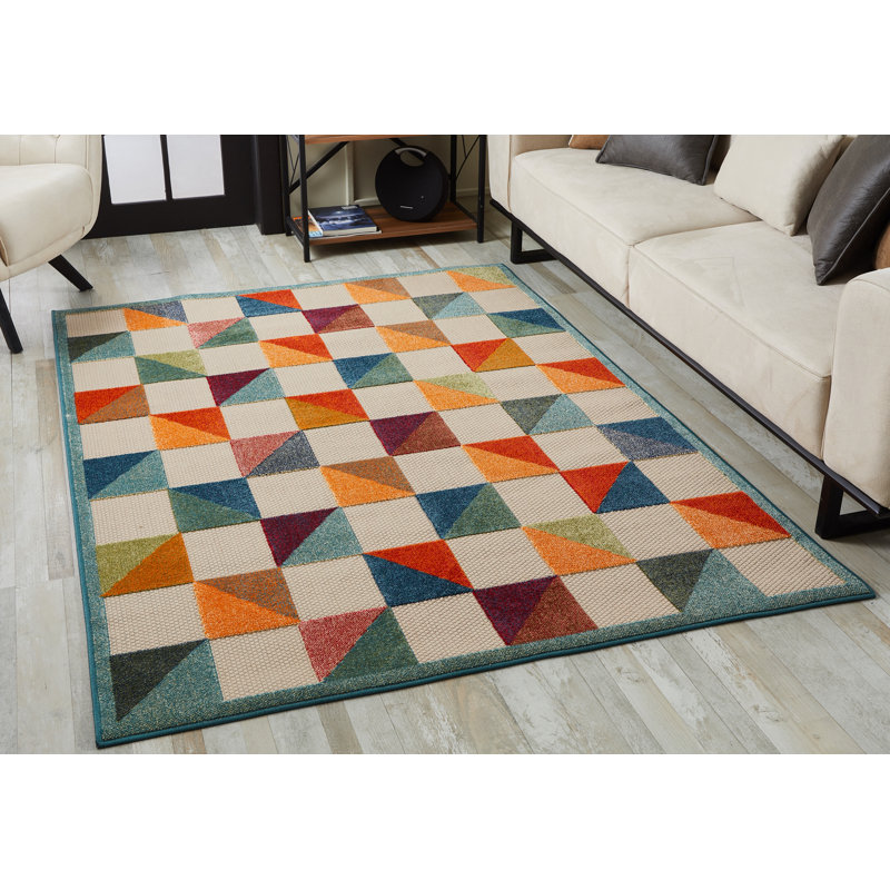 Tapis d'intérieur / extérieur à carreaux Hesselbein, Rectangle 2 pi 2 po x 4 pi, Ivoire / multicolore