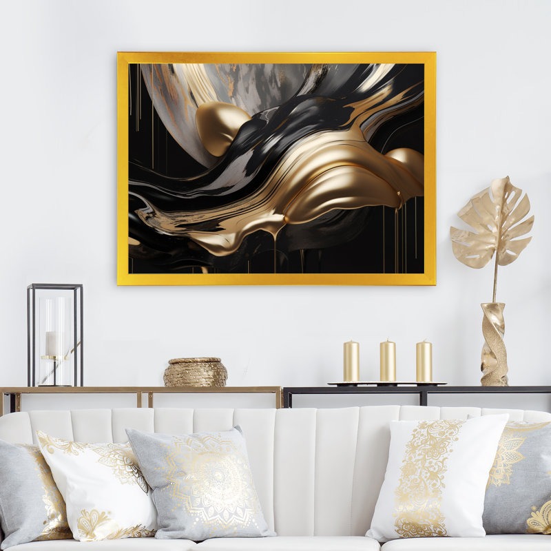Marbre captivant doré et noir II - art abstrait sur toile marbrée, H 30 po x l 40 po, Cadre photo unique, Doré