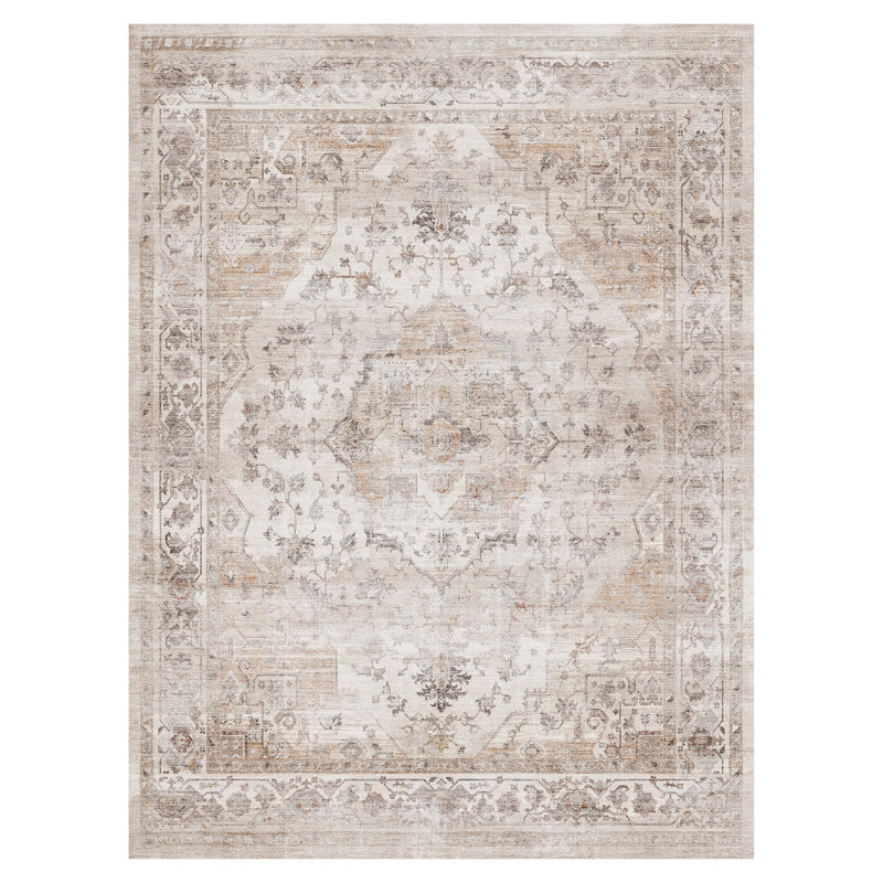 Soft Machine Washable Oriental Area Rug For Living Room, Bedroom, Beige, Rectangle 8' x 10'