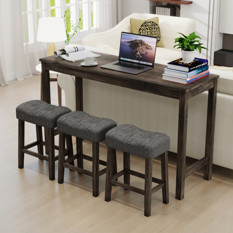 4-Piece Bar Table Set With Outlet & 3 Stools,Stylish Dining Table & Chairs, Dark Gray