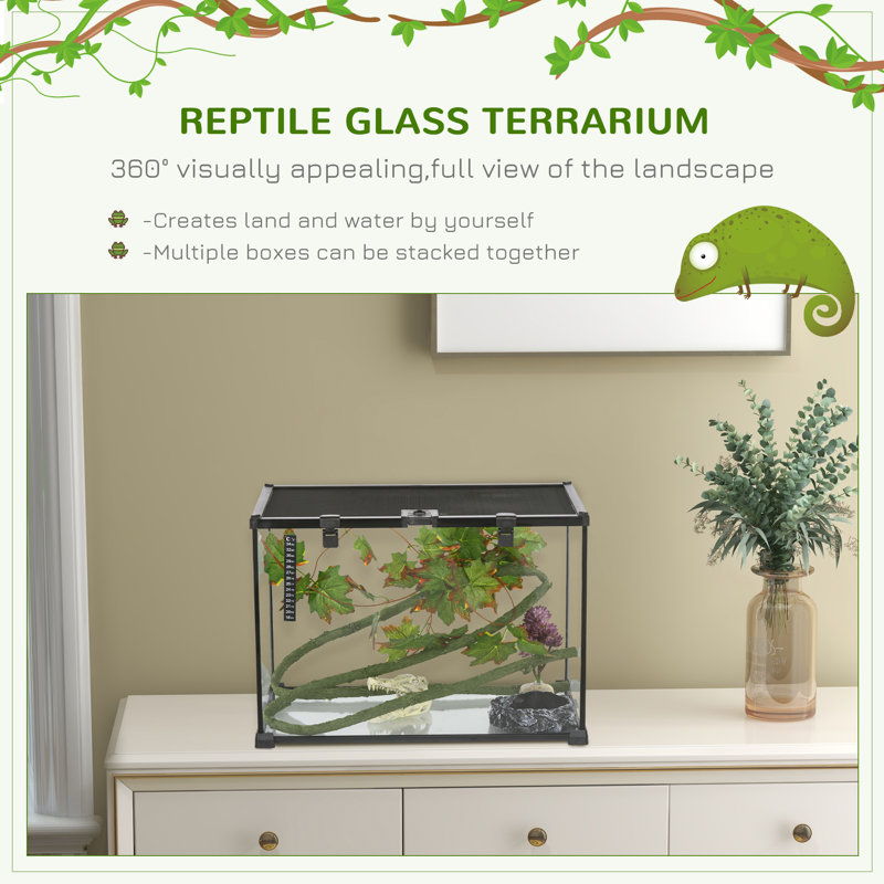 14 Gallon Black Glass Reptile Terrarium Tank with Sliding Screen Top