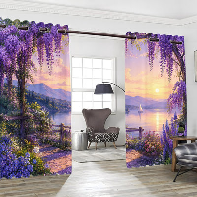2 PCS avec œillets, rideaux occultants à œillets, rideaux en fleurs Wisteria Lake Sunset