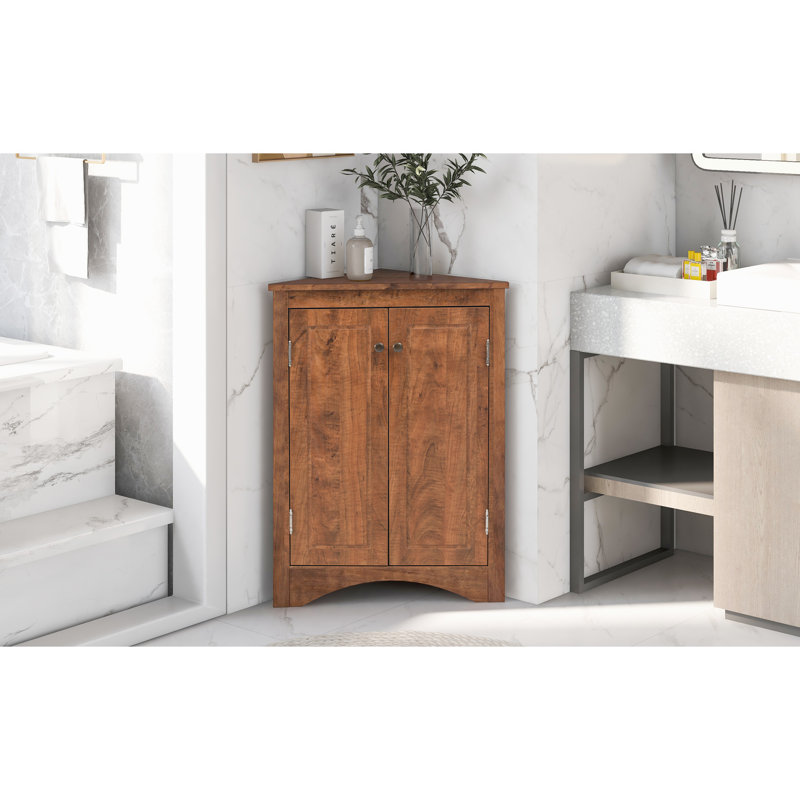 Armoire de salle de bain triangulaire brune avec tablettes réglables, quincaillerie en métal de haute qualité, facile à entretenir, convient aux petites salles de bain, couleur du plancher, tableau, grand rangement, installation
