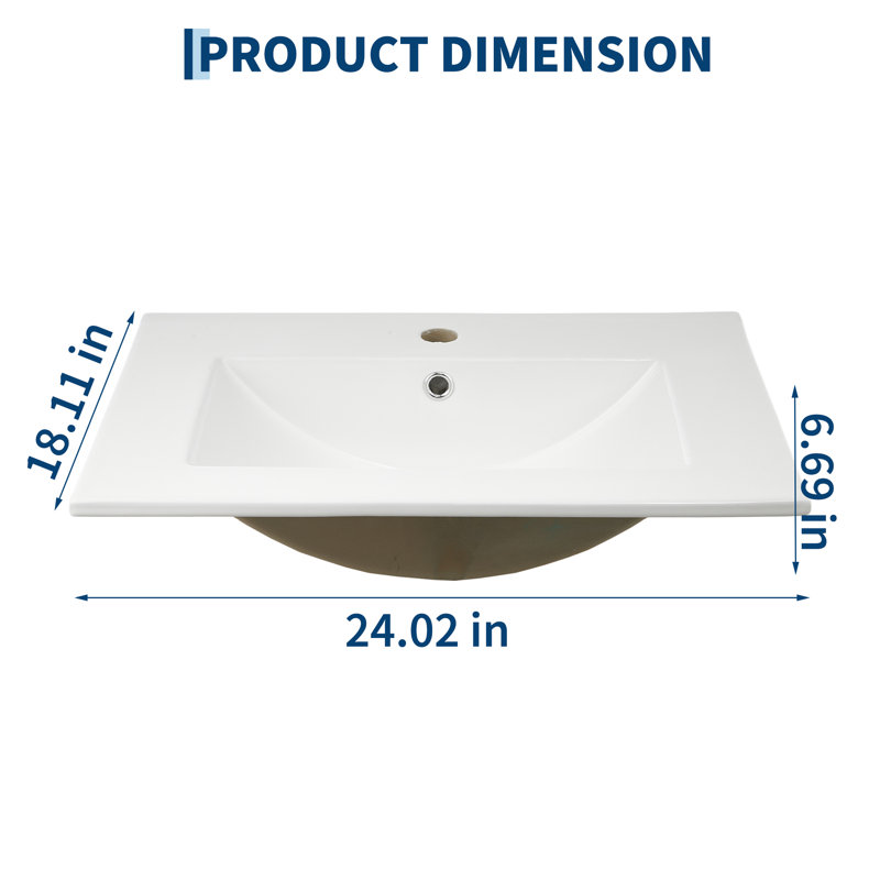 24 Inch White Rectangular Drop-In Bathroom basin Basin - Vitreous Ceramic Porcelain Vanity Top - Overflow - Easy-Clean Gloss Finish - Single Hole