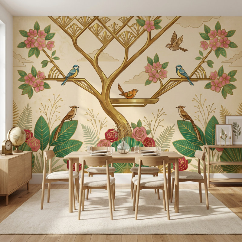Décoration murale art déco art floral oiseaux amovibles, Texturé non collé, 100 po x 96 po