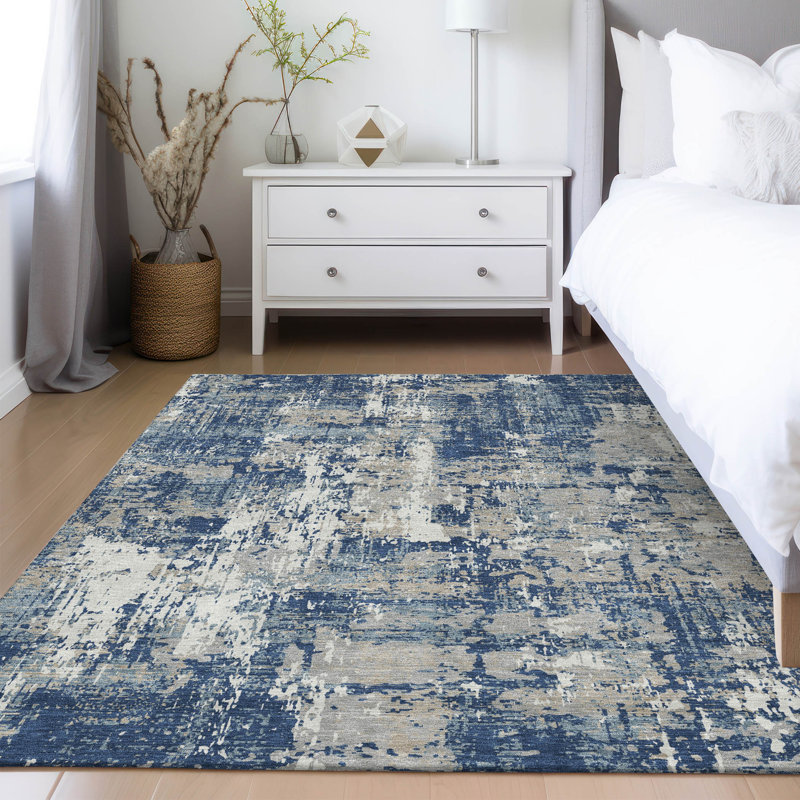 Navy Abstract Flat Woven Synthetic Washable Rug 2'6" x 3'10"