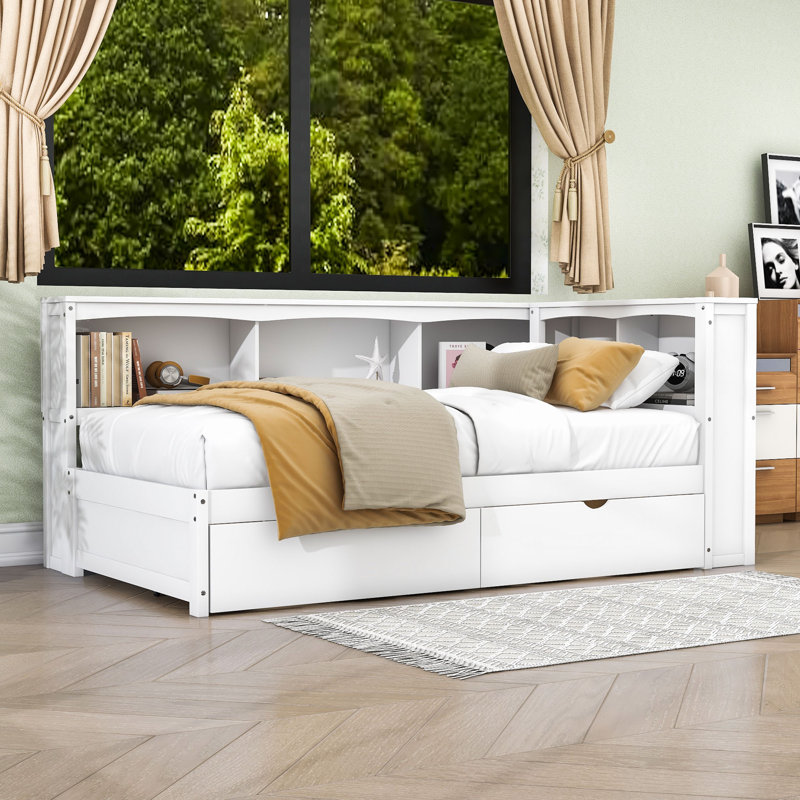 Lit de jour simple avec 2 tiroirs et armoires et USB, Blanc / Blanc